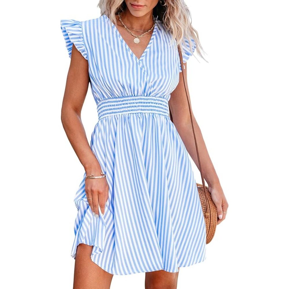CUPSHE Women's Mini Dress V Neck Flutter Sleeve Striped Smocked Waist A Line